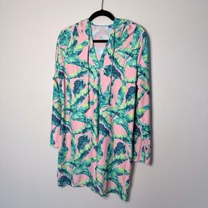 Tropical Pink Leaf Print Hooded Tunic swimsuit coverup